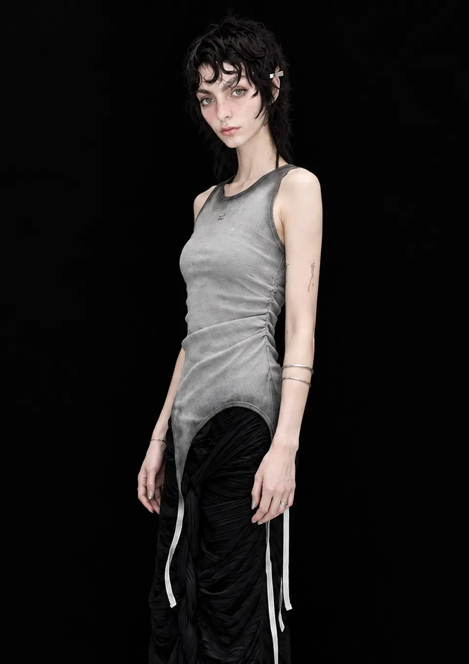Back Slit Waffle Shirring Top_GRAY