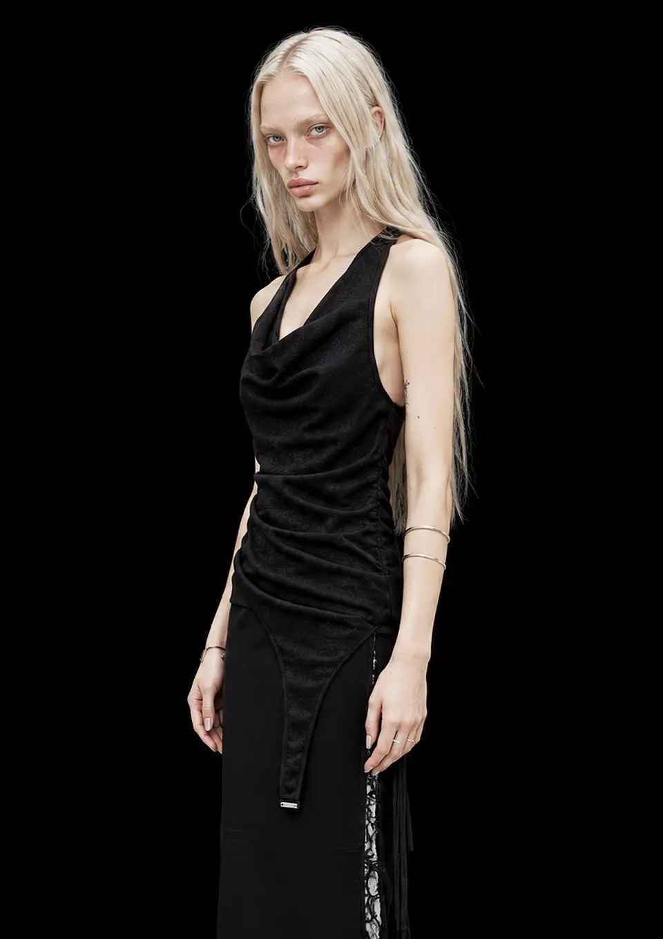 Shirred Halter Sleeveless Top_Black