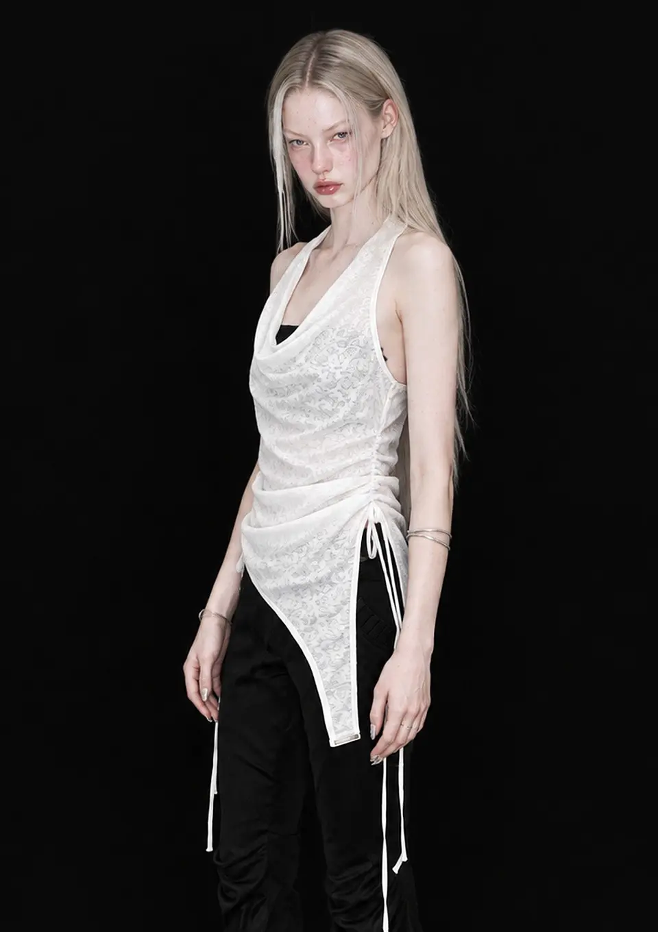 Shirred Halter Sleeveless Top_White