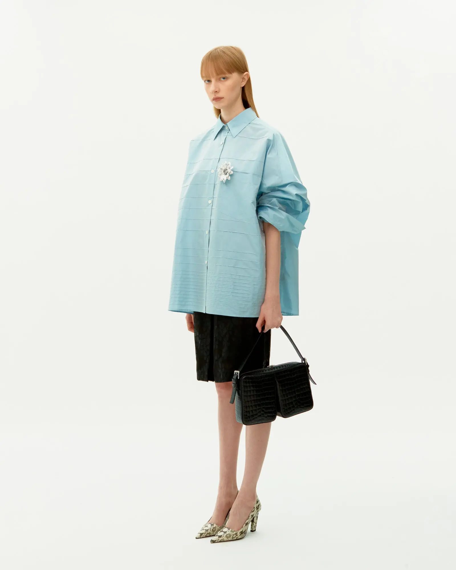 Black Jacquard Silk Hidden Pleated Skirt