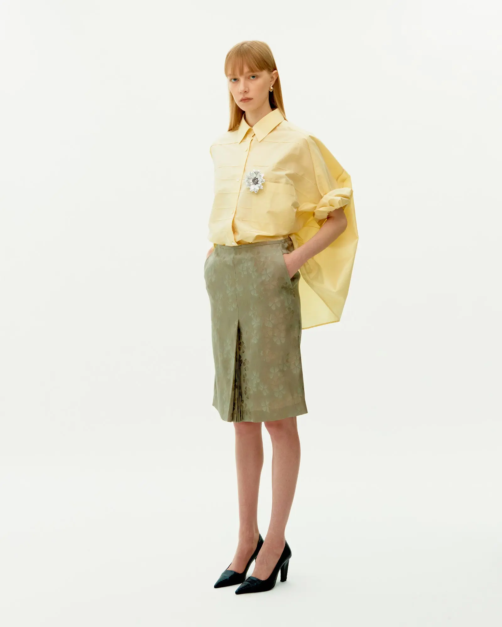 Beige Jacquard Silk Hidden Pleated Skirt