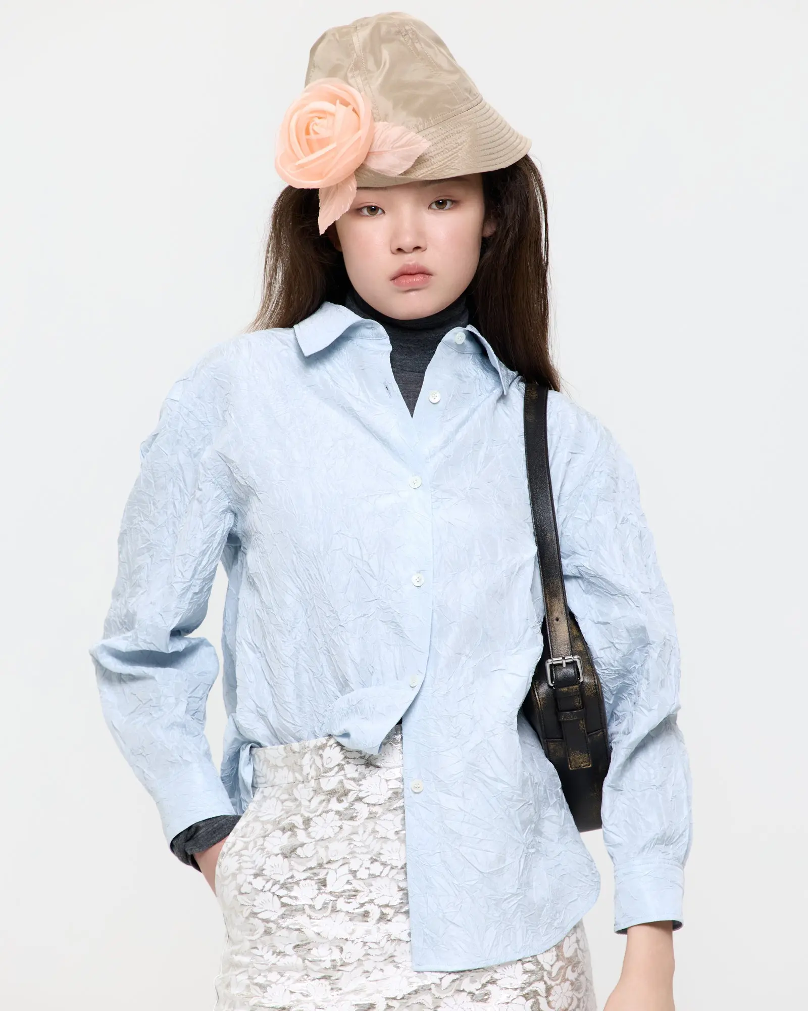 Light Blue Creased Silk Taffeta Shirt