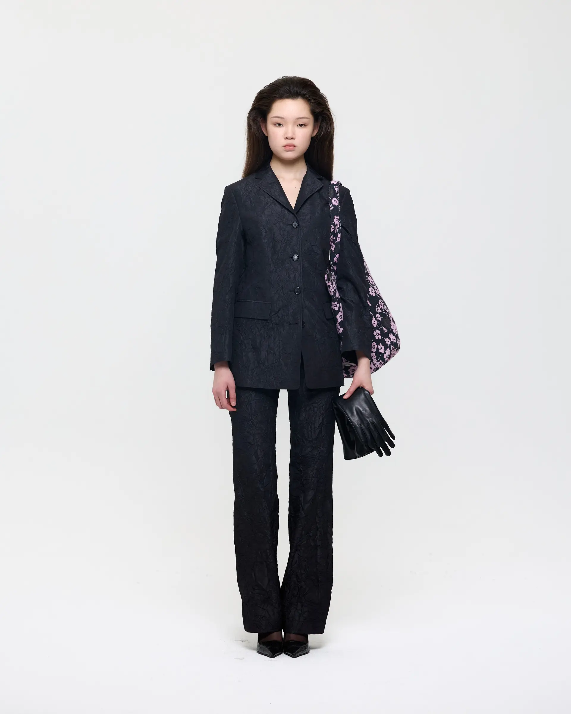 Black Creased Silk Taffeta Bell Bottom Trousers