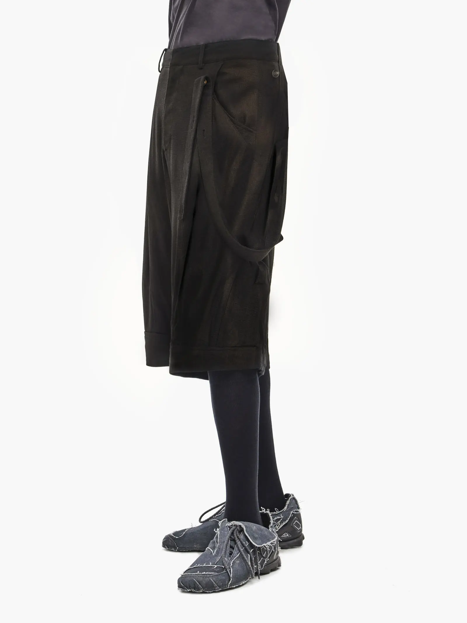 Sun-Bleached Layered Strap Half Trousers - Black
