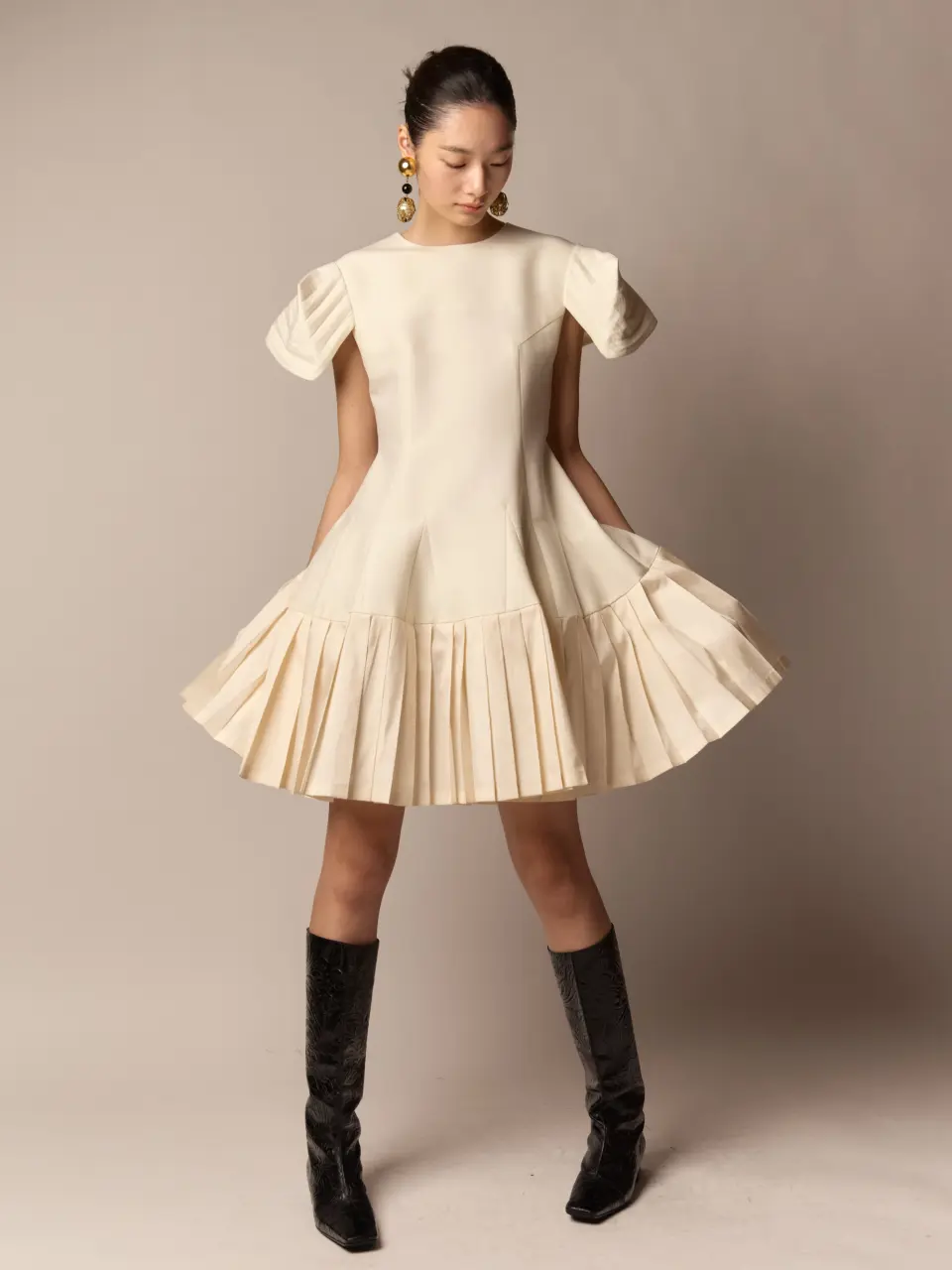 SJ Pleated Mini Dress - Ivory, Black