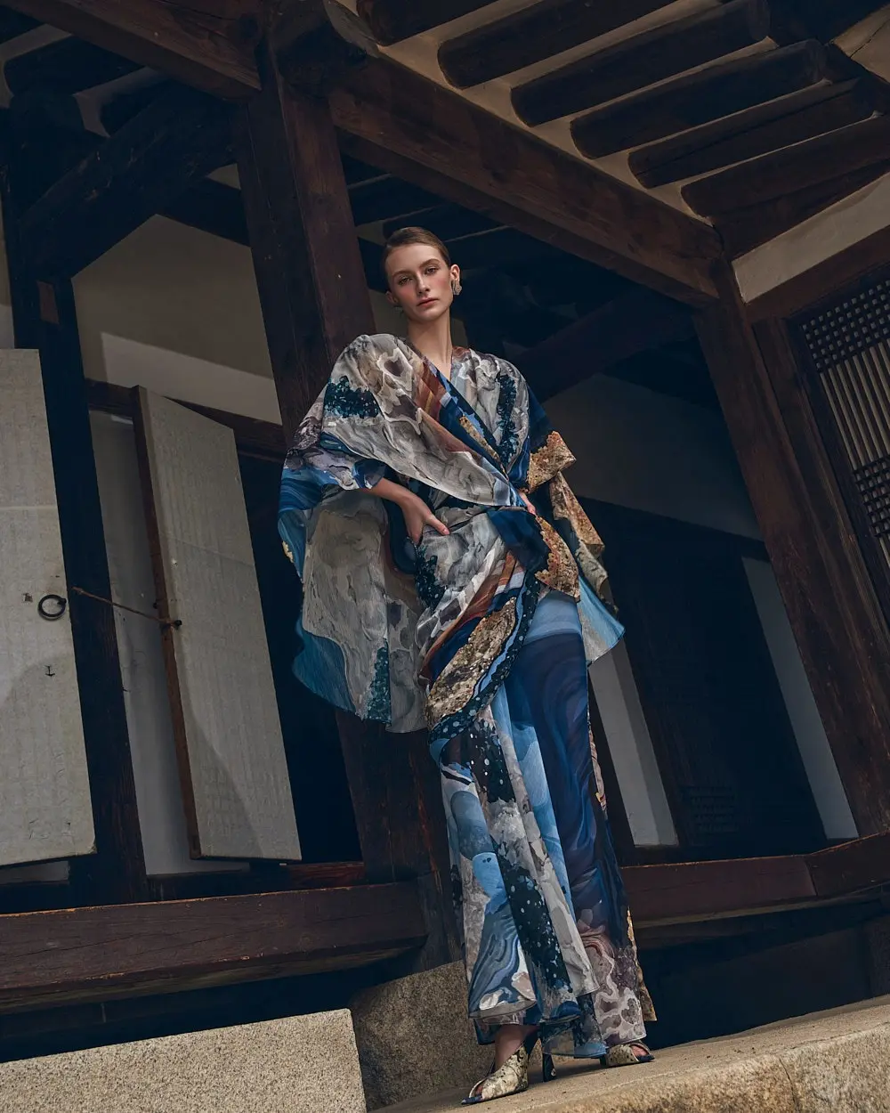 Polyester Blouse & Skirt Set (Blue Print)