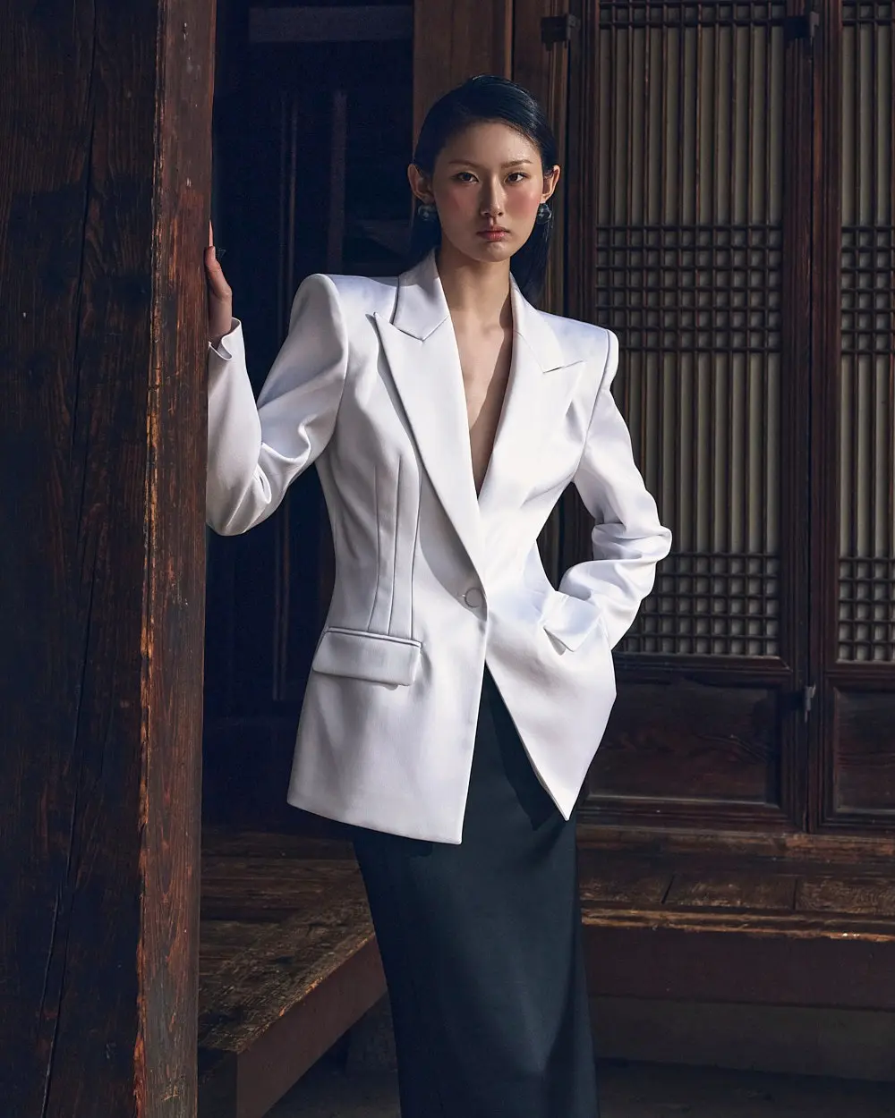 Polyester Tailored Jacket (White) — KSH42O2JK001