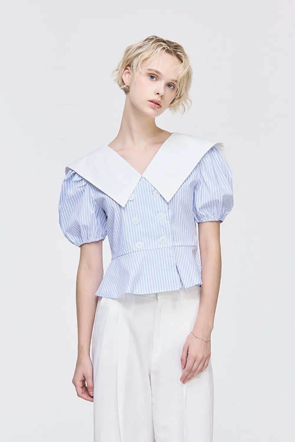 Stripe Puff Sleeve Blouse (Blue)