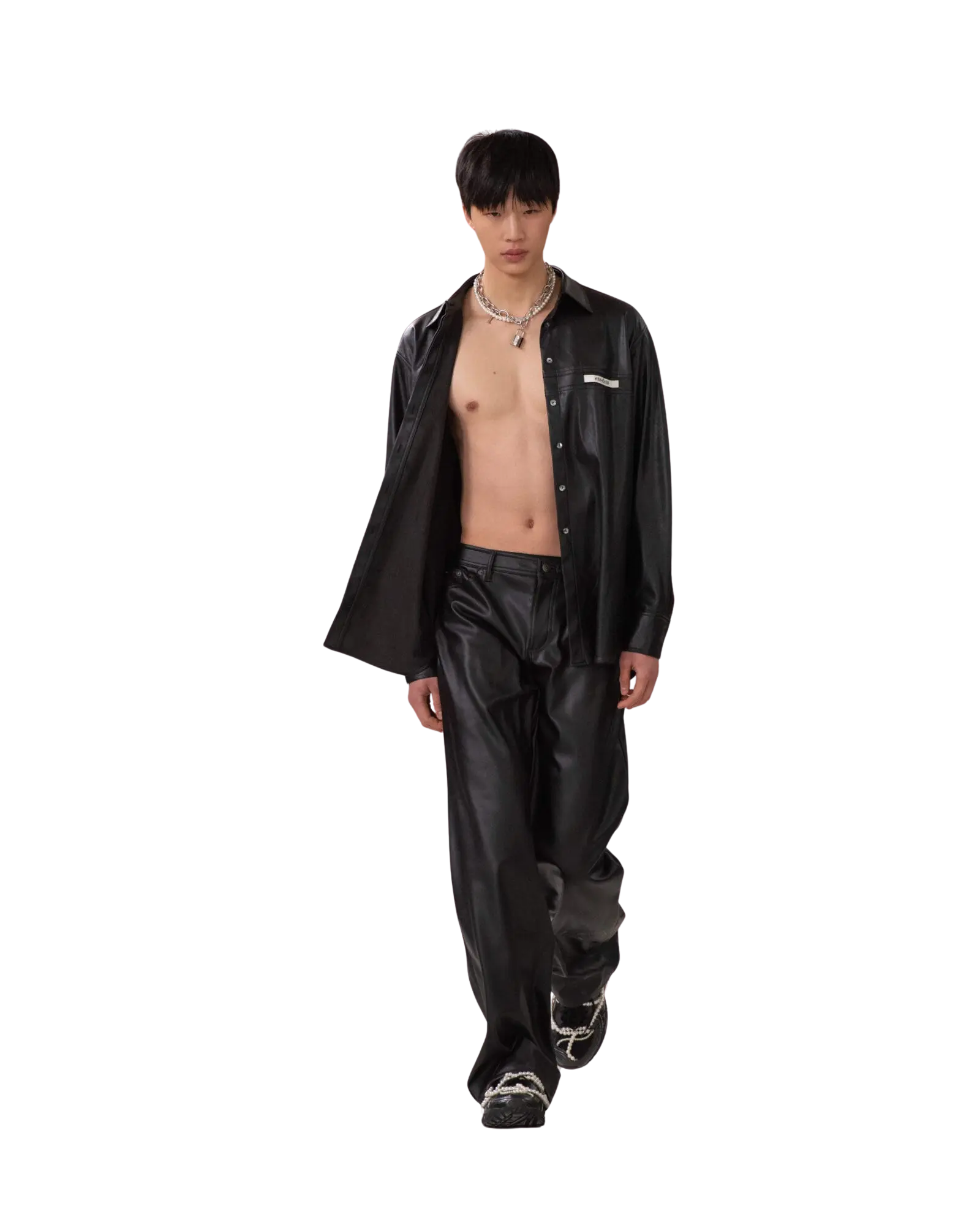 Vegan Leather Label Wide Fit Pants (Black)