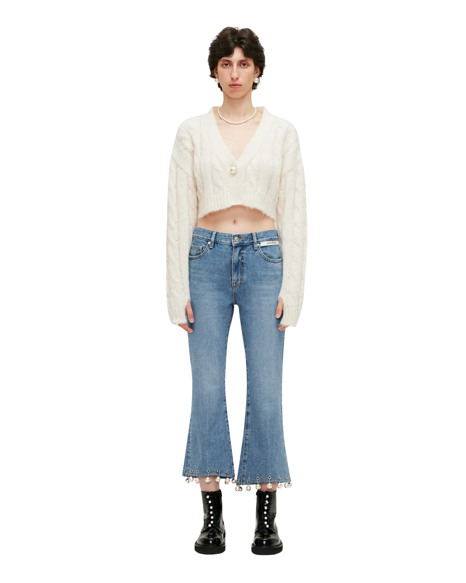 Pearl Trimmed Cropped Denim Pants (Sky Blue)