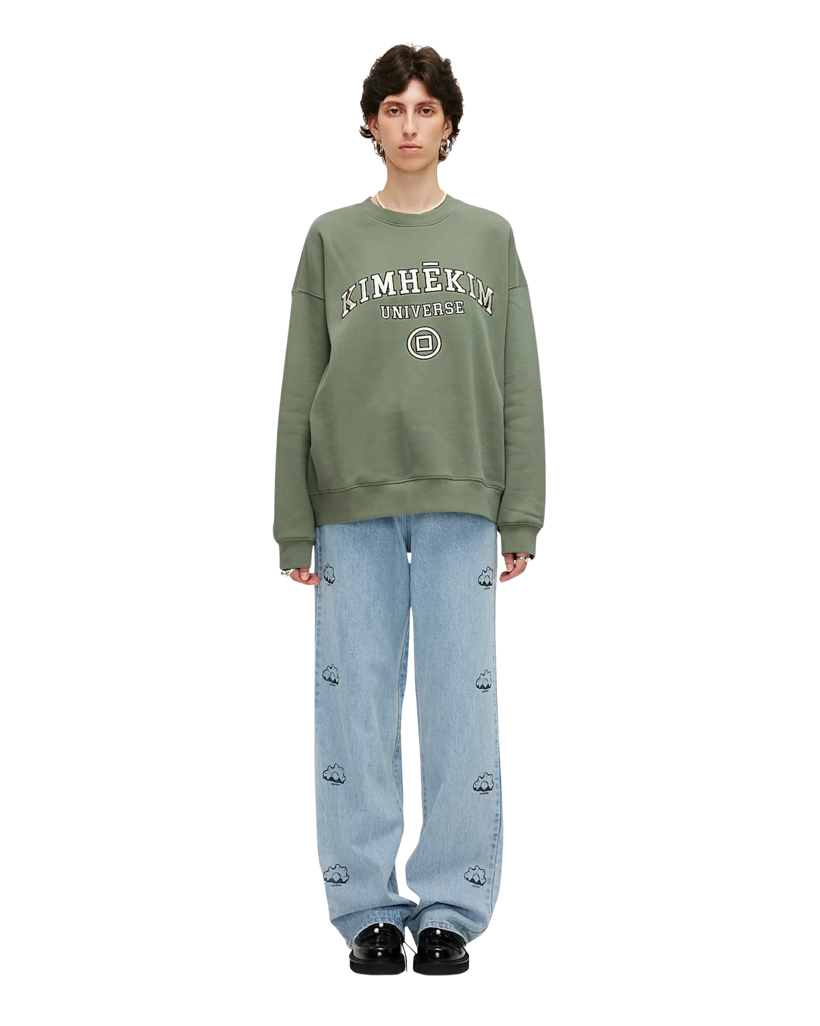Pearl Stamped Wide Leg Denim Pants (Sky Blue)