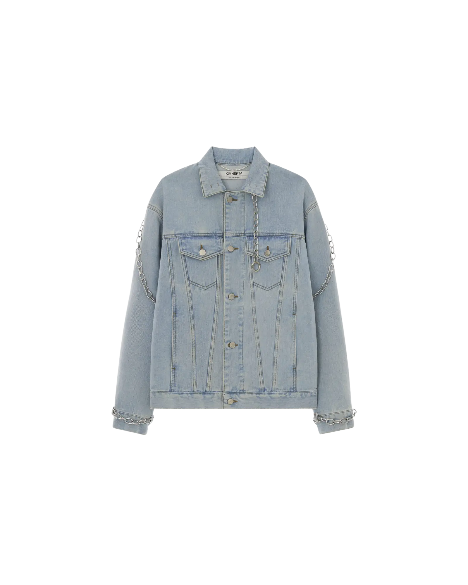 Detachable Chain Embellished Denim Jacket (Sky Blue)