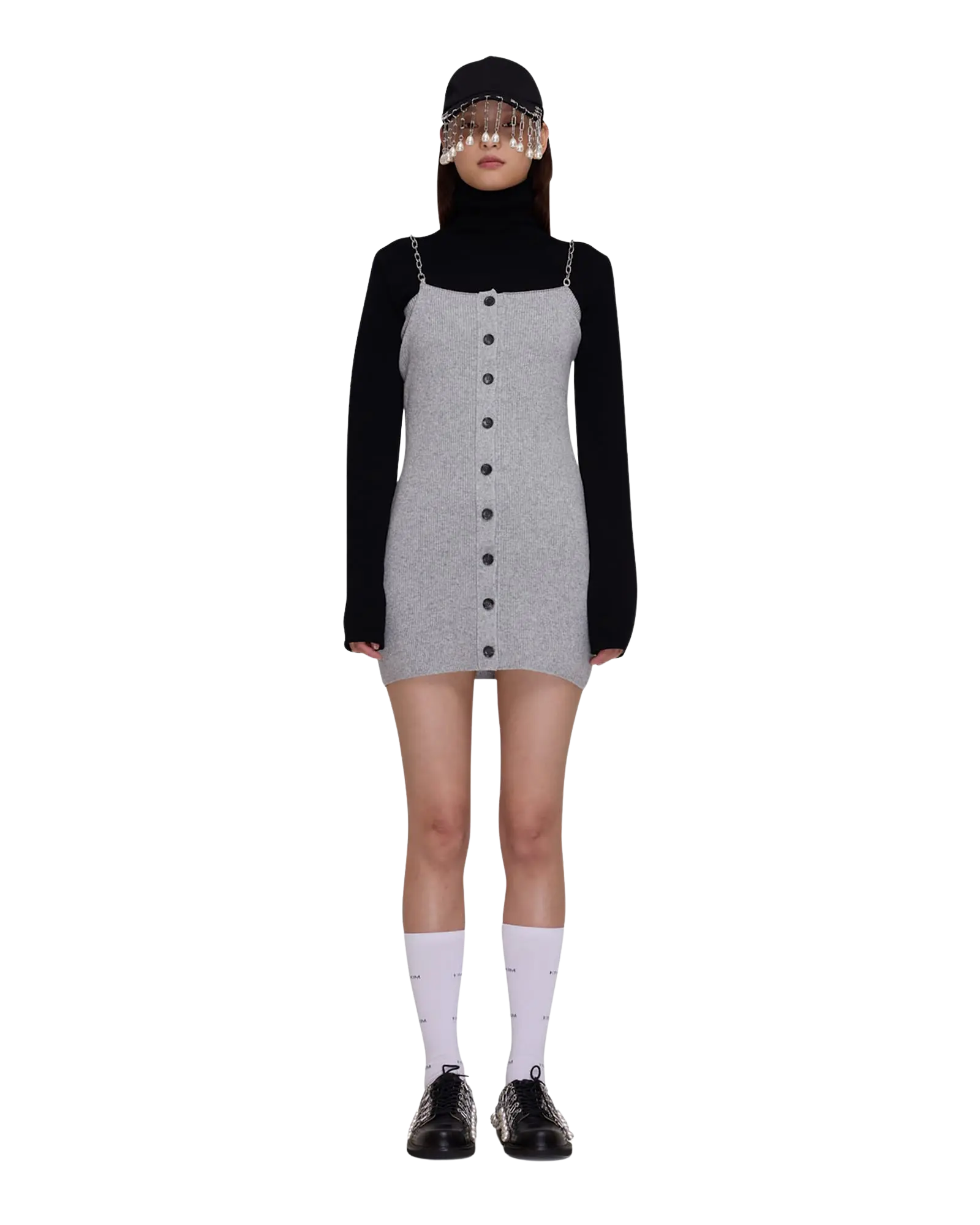 Detachable Chain Strap Wool Knitted Dress (Grey)