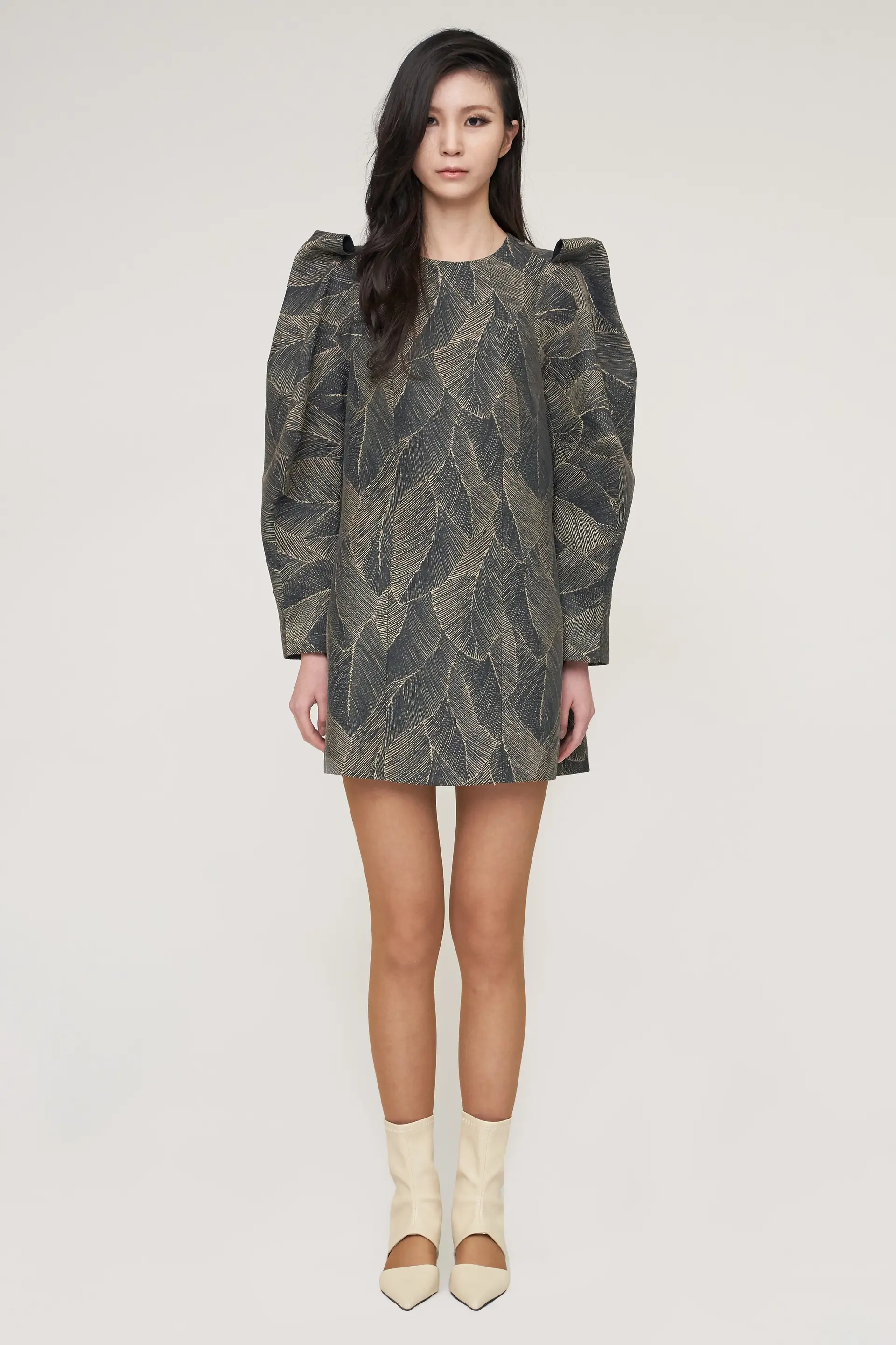 Navy and Gold Leaf Jacquard Signature Sculpted Mini Dress