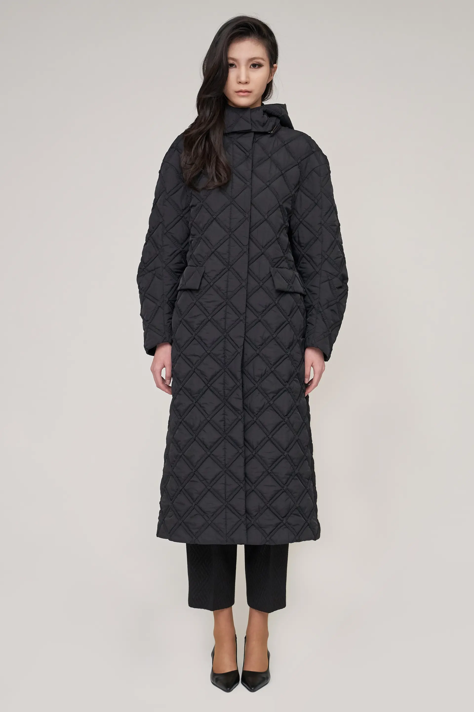 Black Quilted Signature Design Hooded Long Coat