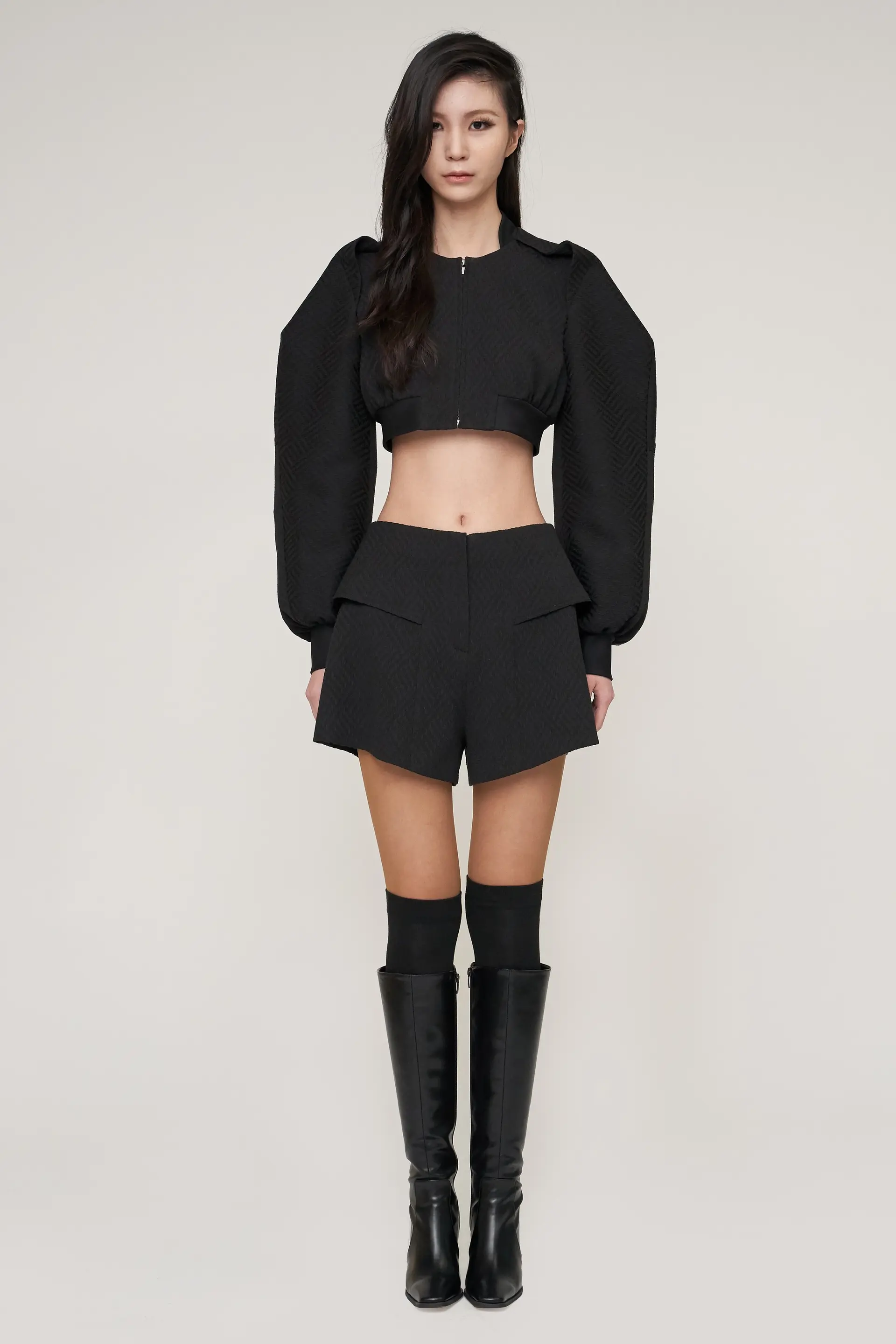 Black Jacquard Paneled Shorts
