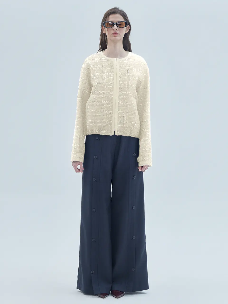 Tweed Contrast Zip-Up Jacket Ivory
