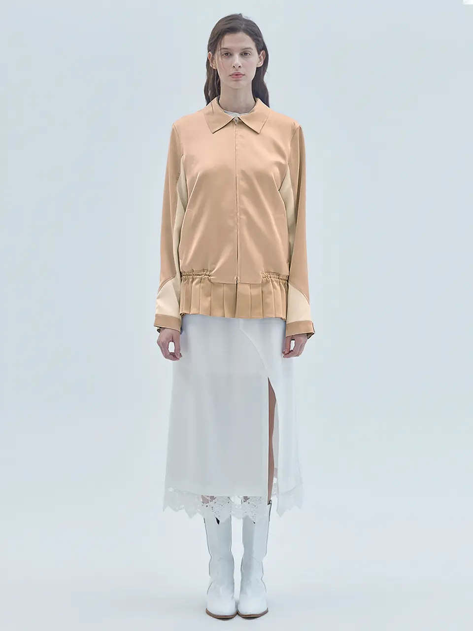 Mini Pleats Block Zip-Up Jacket Champagne