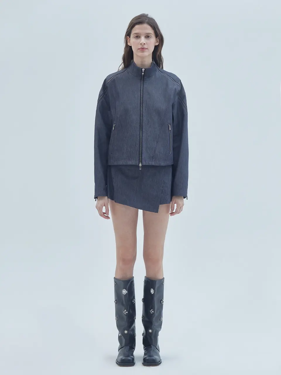 Open Zipper Detail Zip-Up Jacket Navy