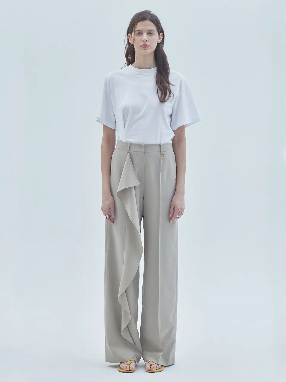 Drape Wrap Wide Slacks Pants Beige