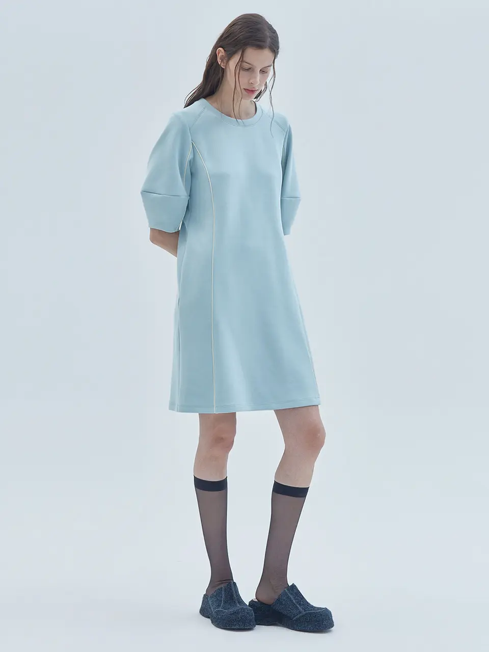 Piping Line Half-Sleeve Mini Dress Mint