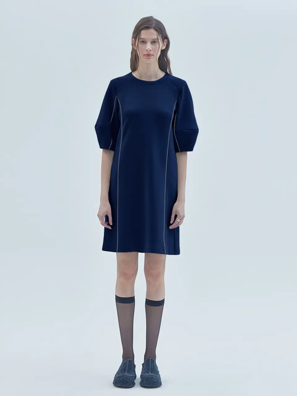 Piping Line Half-Sleeve Mini Dress Navy