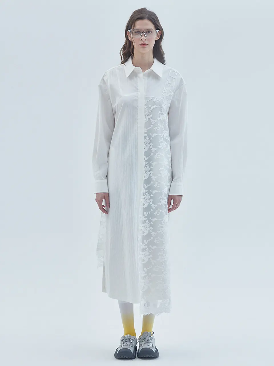 Lace Mix Unbalanced Shirt Long Dress White