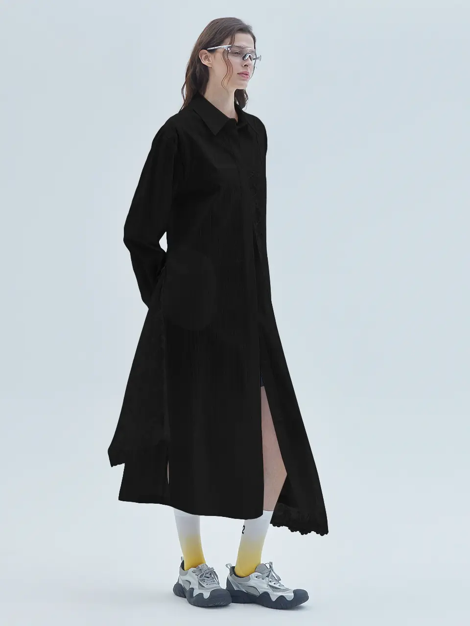 Lace Mix Unbalanced Shirt Long Dress Black