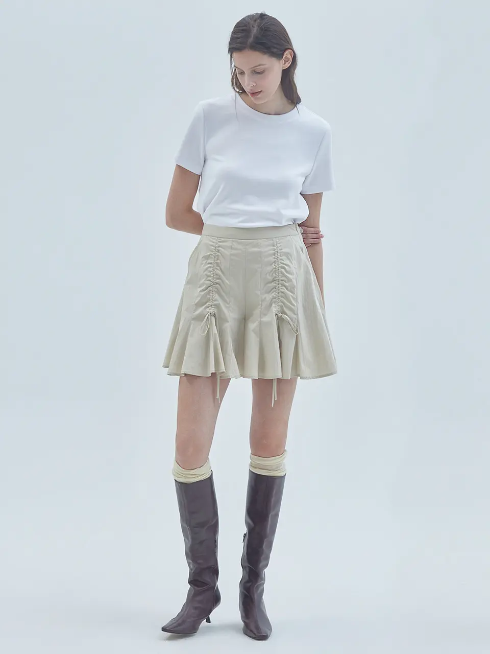 Shirring Detail Flared Skirt Pants Beige