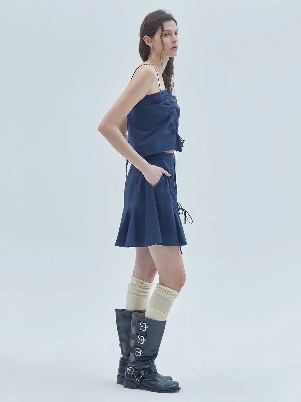 Shirring Detail Flared Skirt Pants Navy