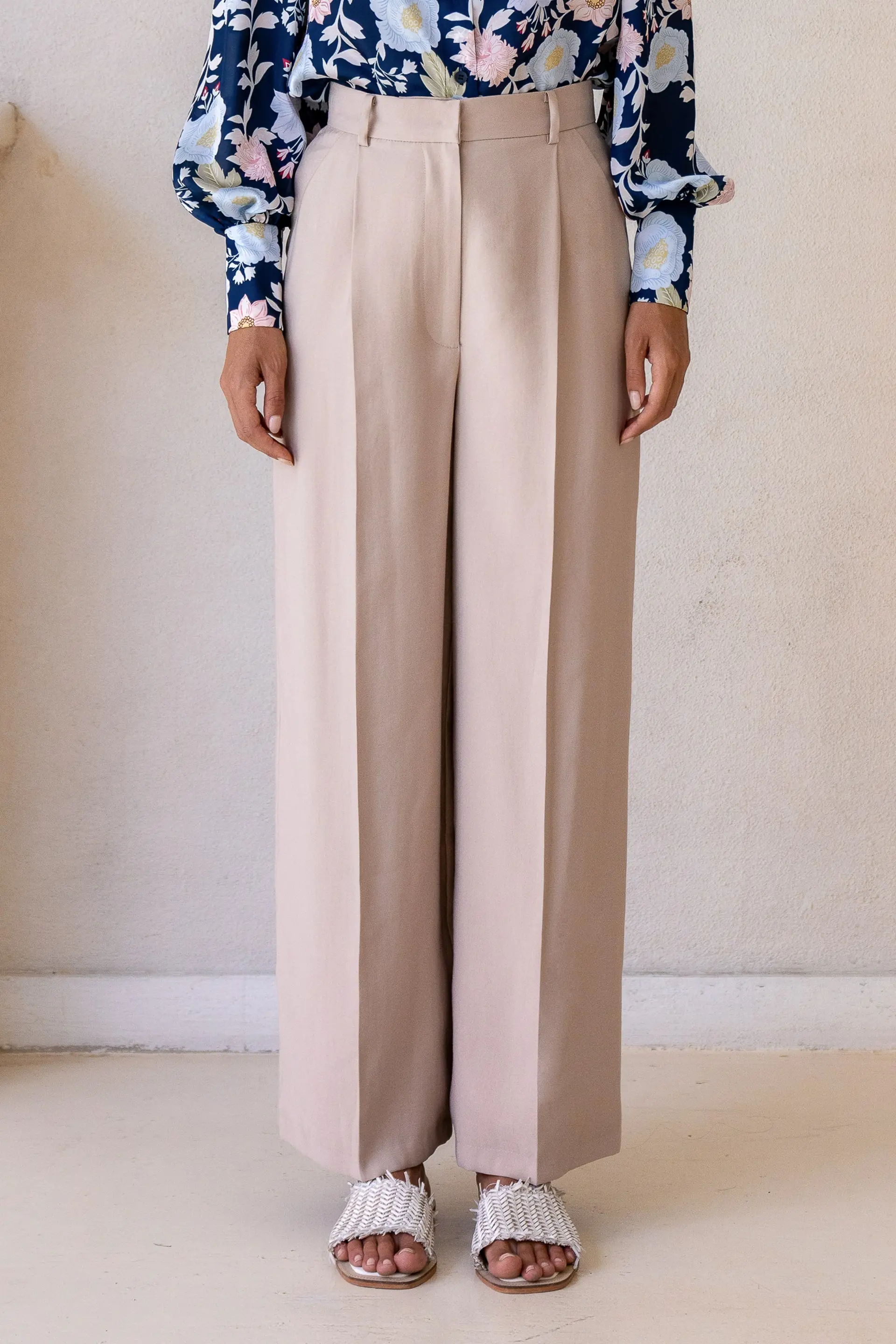 Skye Beige Wide-leg Bamboo Pants