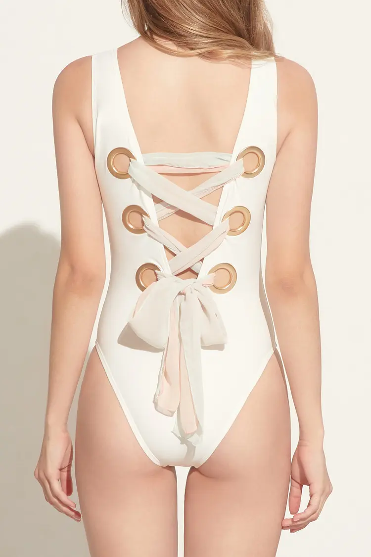 Sage White Lace-up Swimsuit