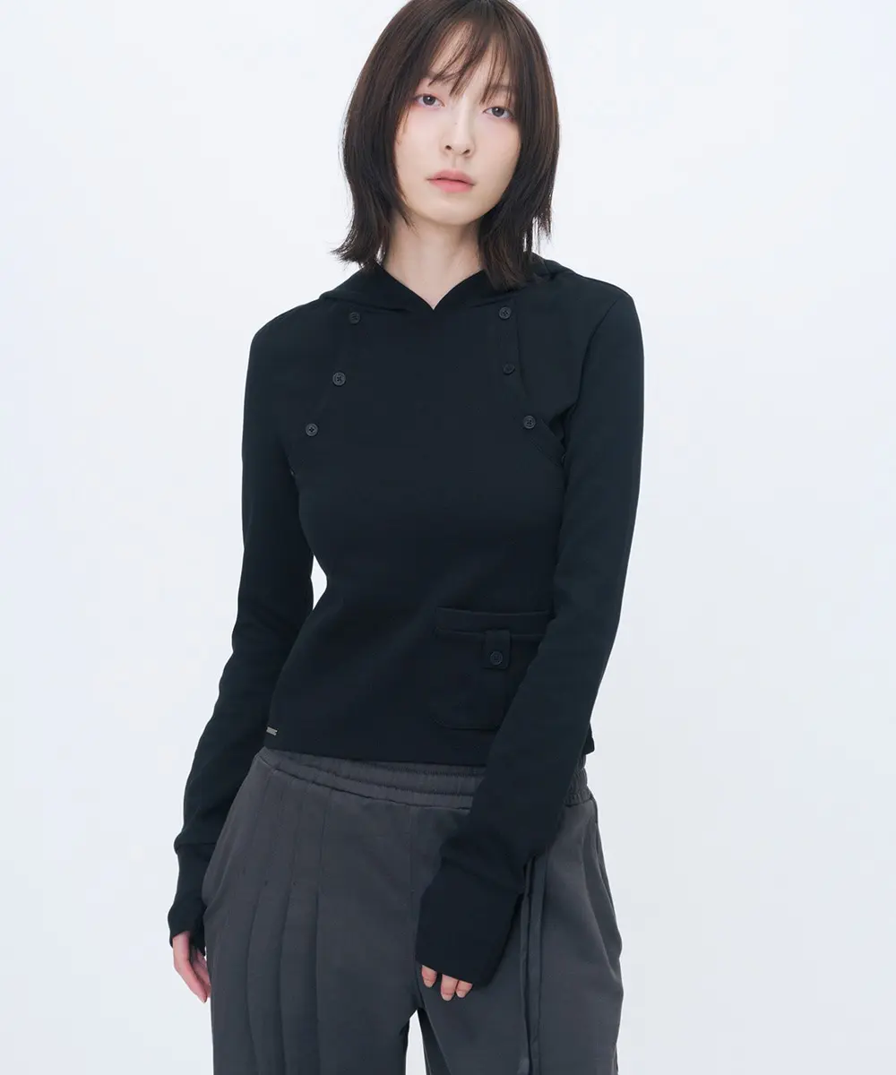 Double Placket Slim Hoodie (BLACK)