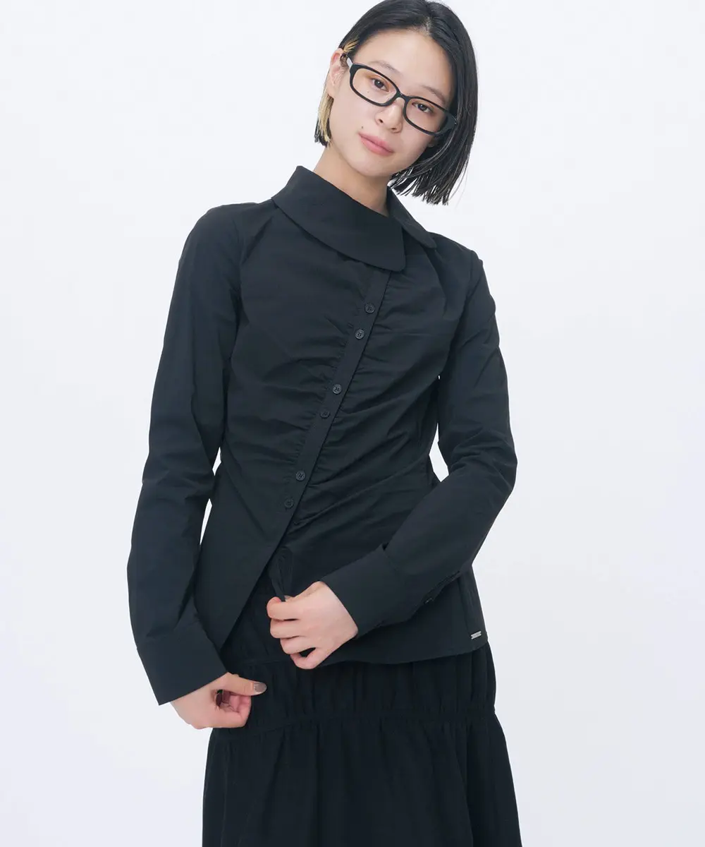Asymmetric Shirring Button Shirt (BLACK)