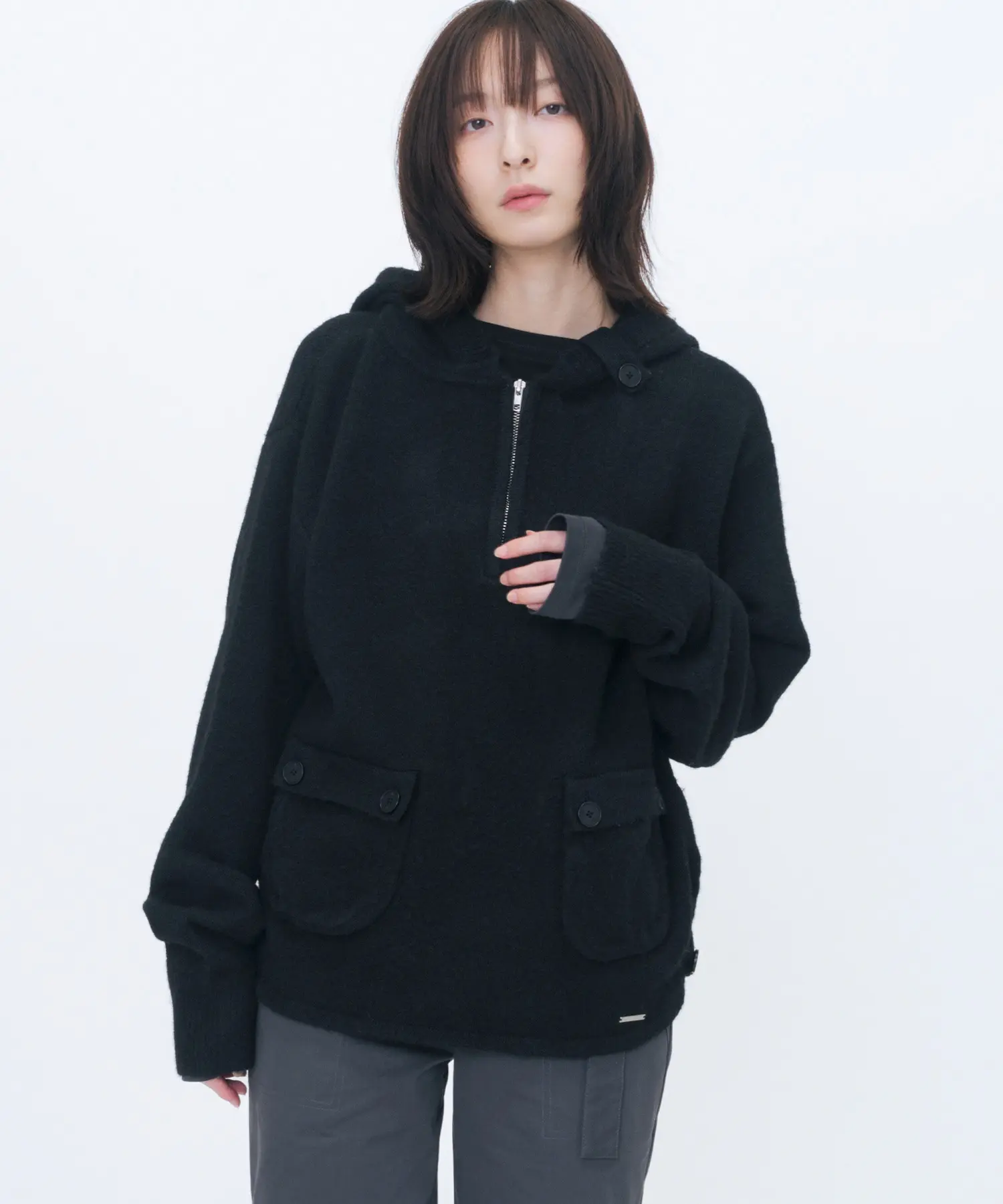 Button Hoodie Knit Pullover (BLACK)