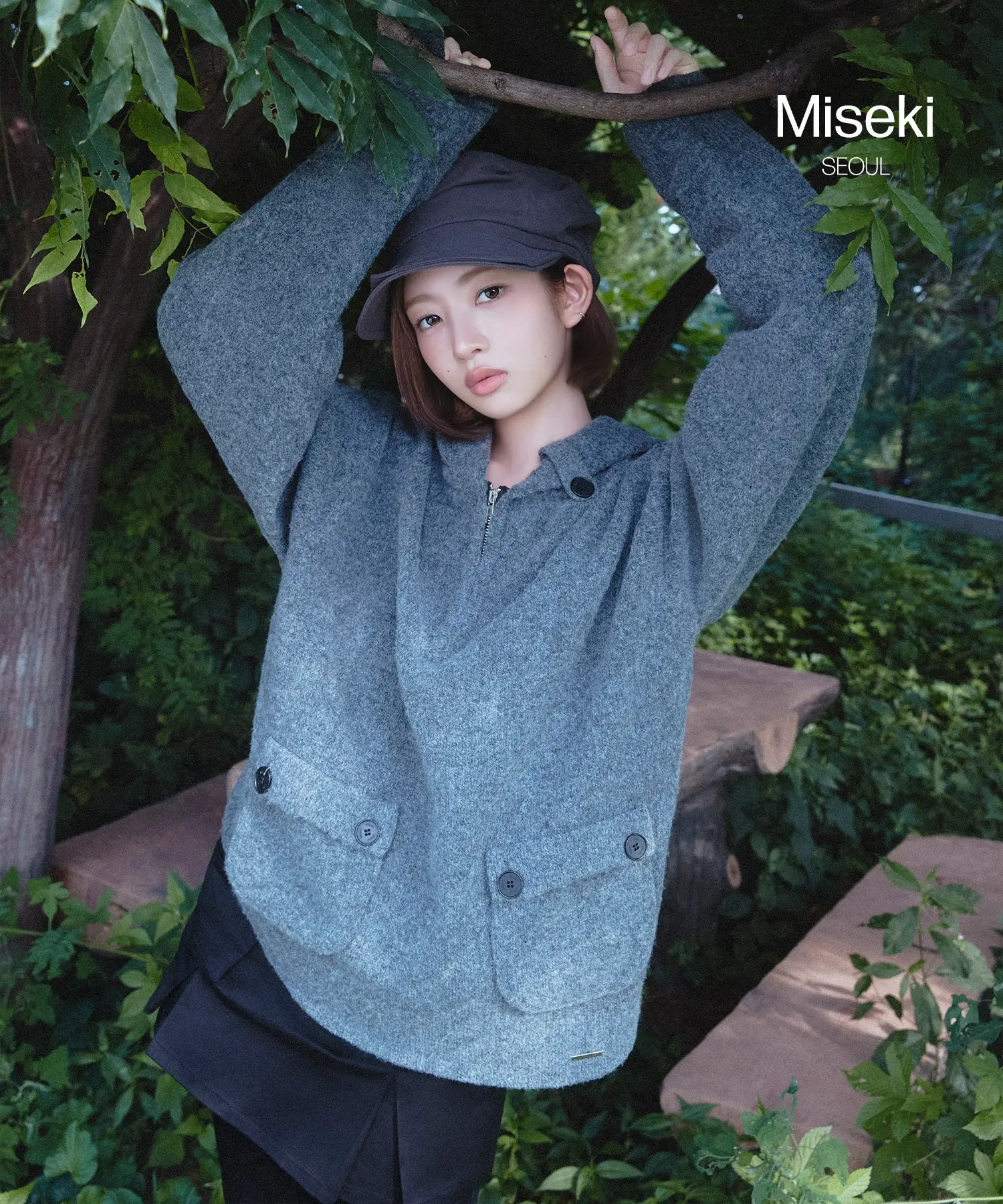 Button Hoodie Knit Pullover (CHARCOAL)