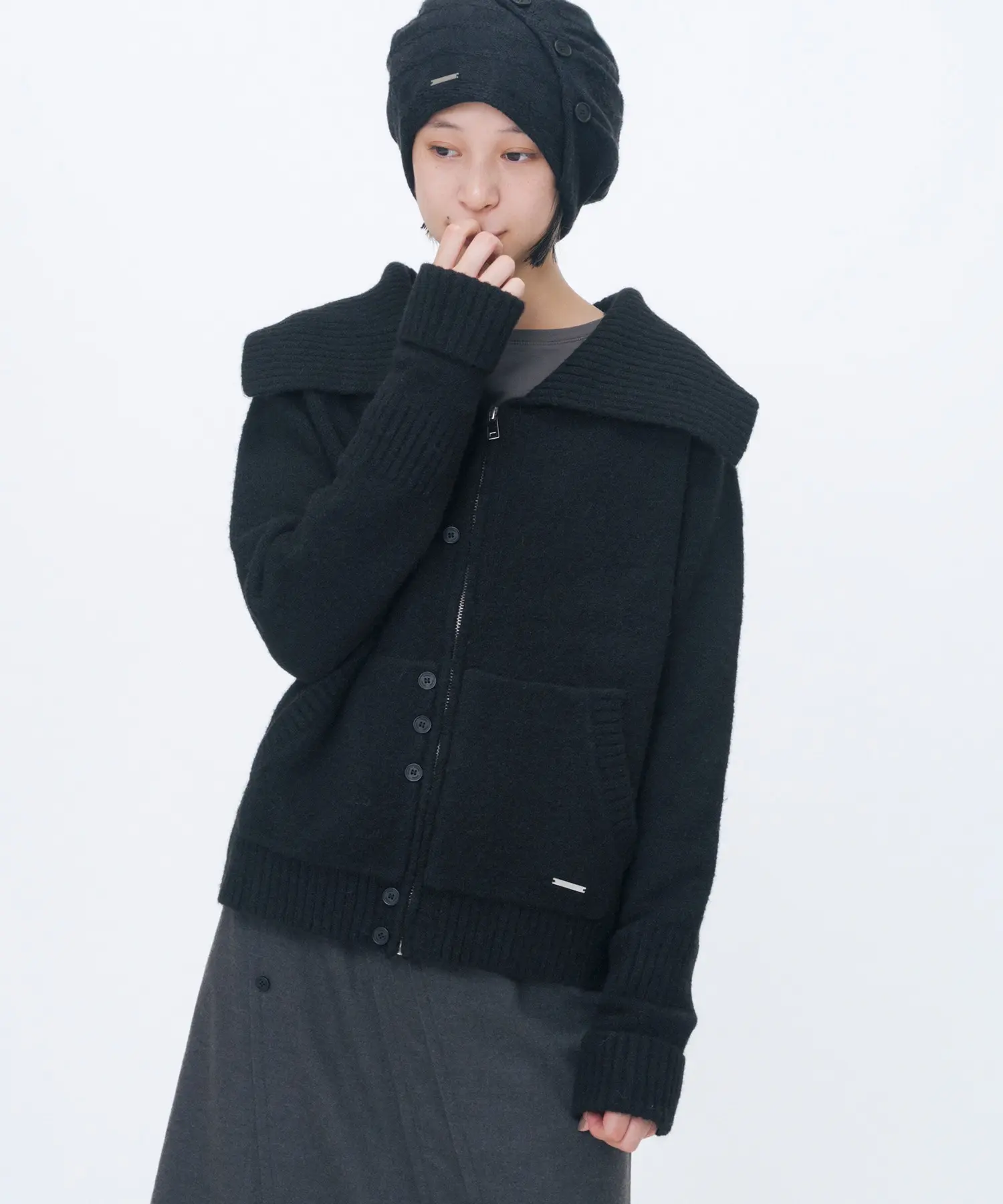 Unbalanced Button Knit Cardigan (BLACK)