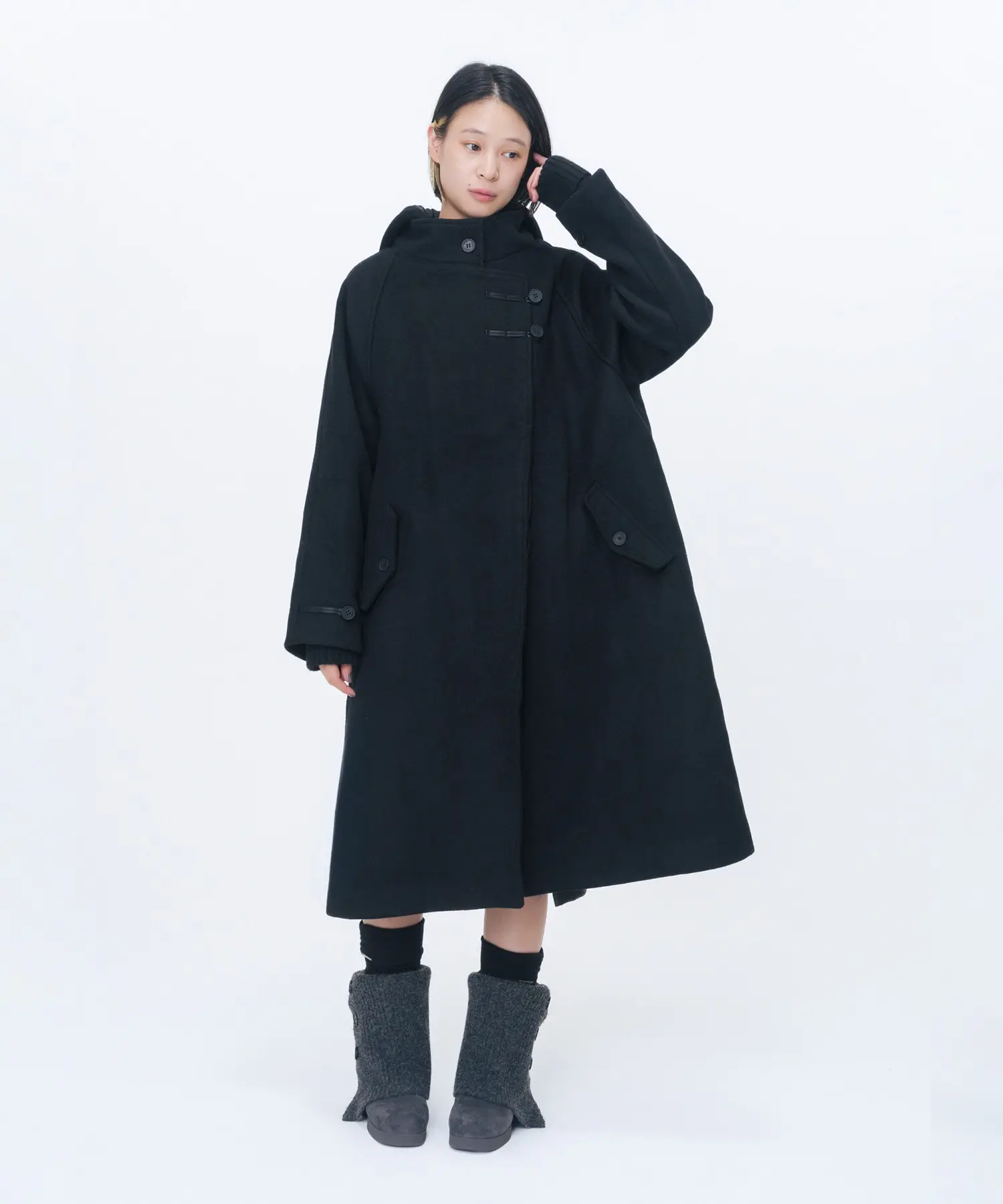 Asymmetric Hoodie Long Duffle Coat (BLACK)