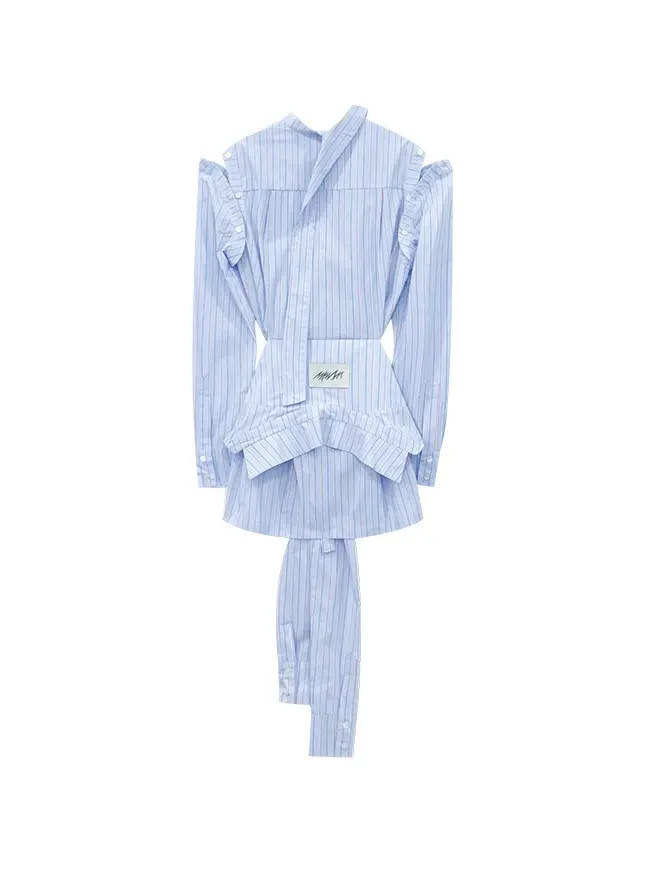 Off-Sleeve Tied Stripe Shirt (Light Blue)