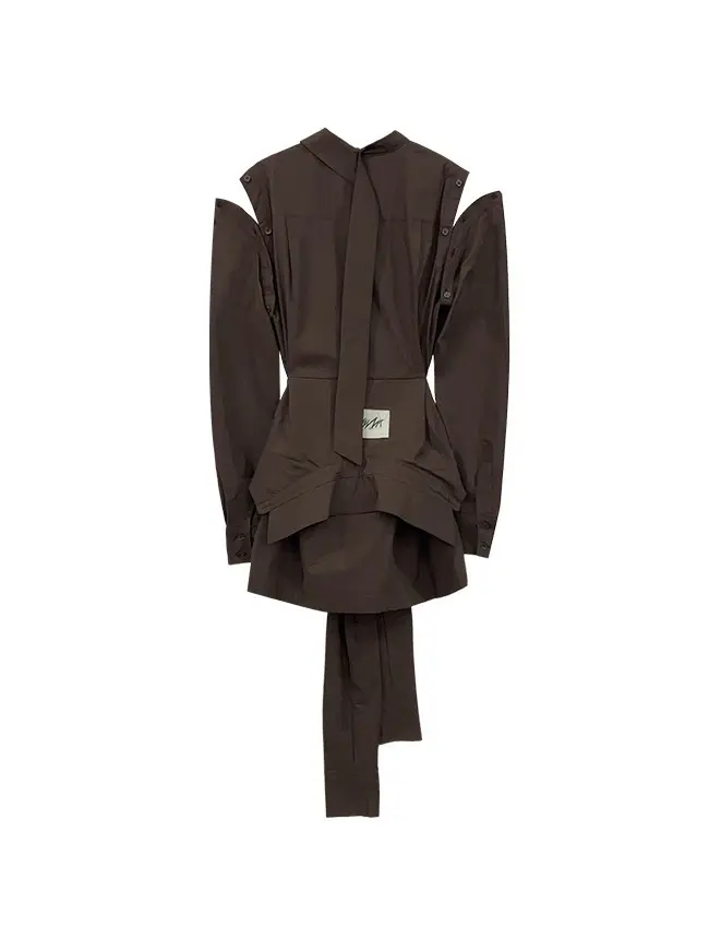 Off-Sleeve Tied Stripe Shirt (Brown)