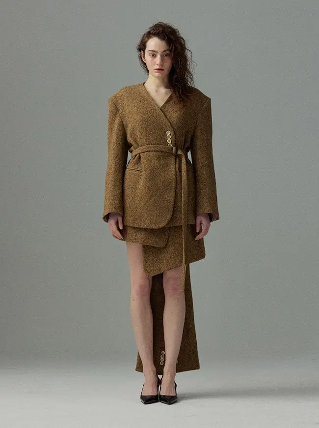 Tweed Collarless Jacket (Olive)