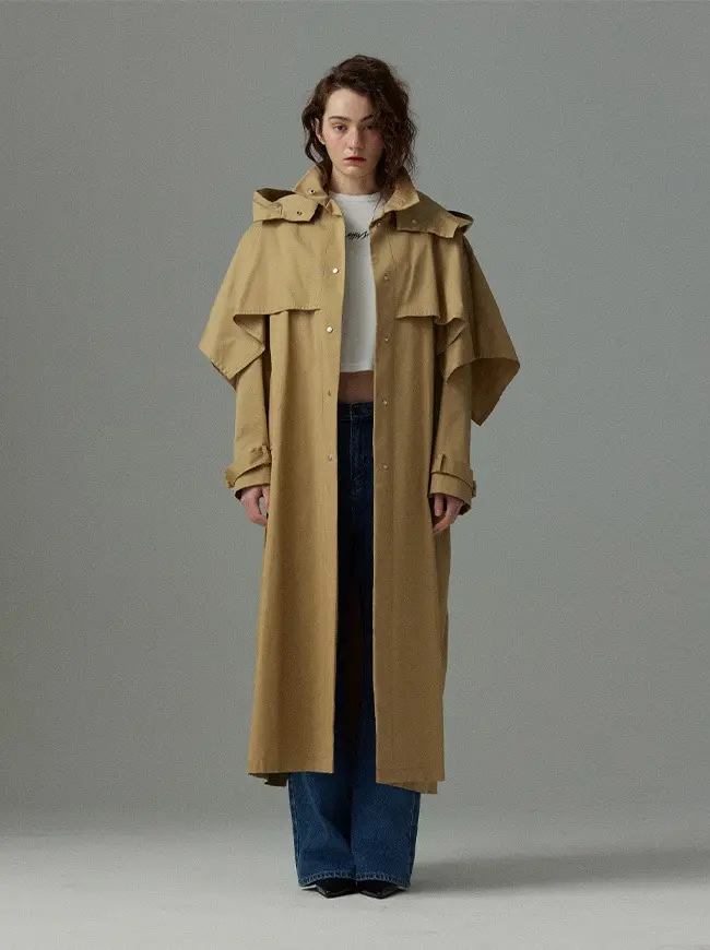 Pleated Long Trench Coat (Beige)