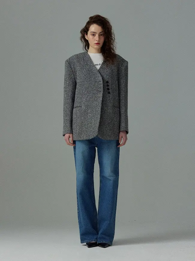 Tweed Collarless Jacket (Black)
