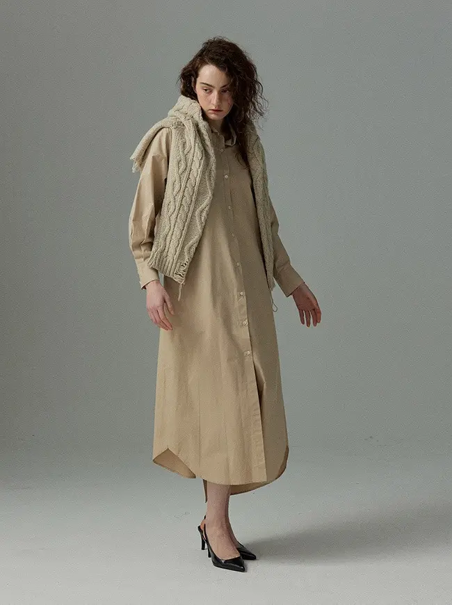 Maxi Pin Tuck Shirt Dress (Beige)