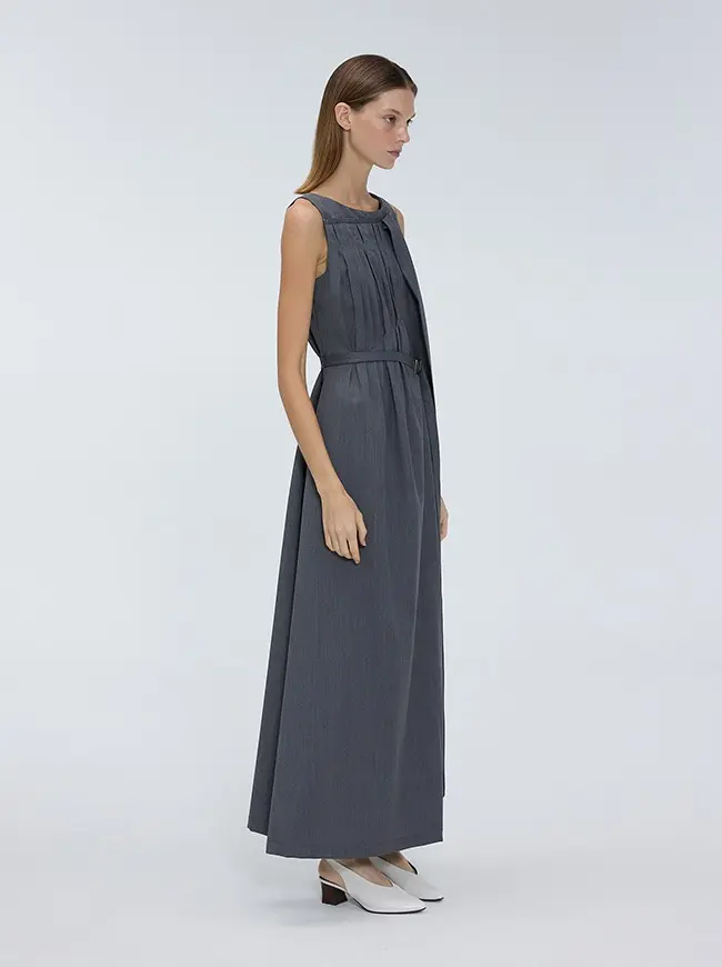 Diagonal Pleated Long Dress