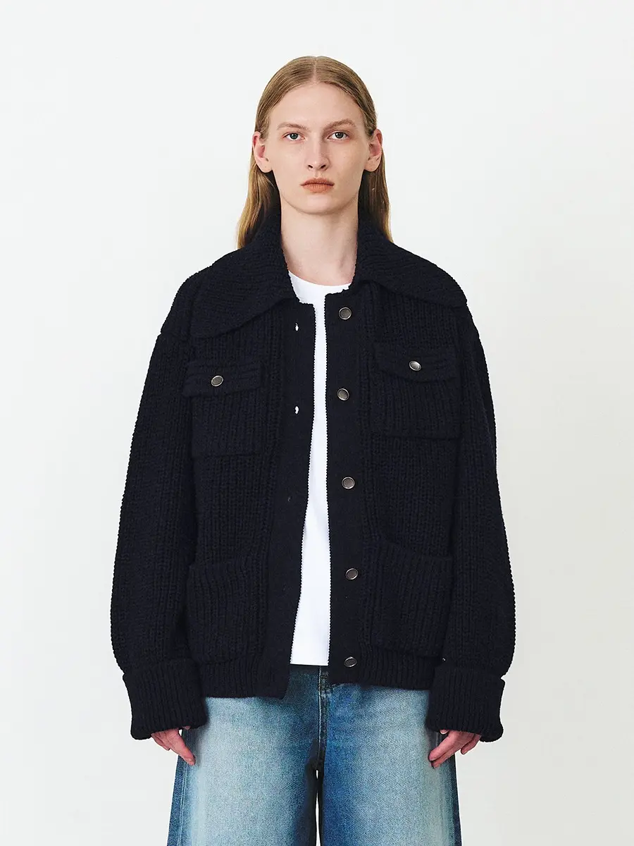 TFF COTTON COLLAR KNIT JACKET_MUILT NAVY