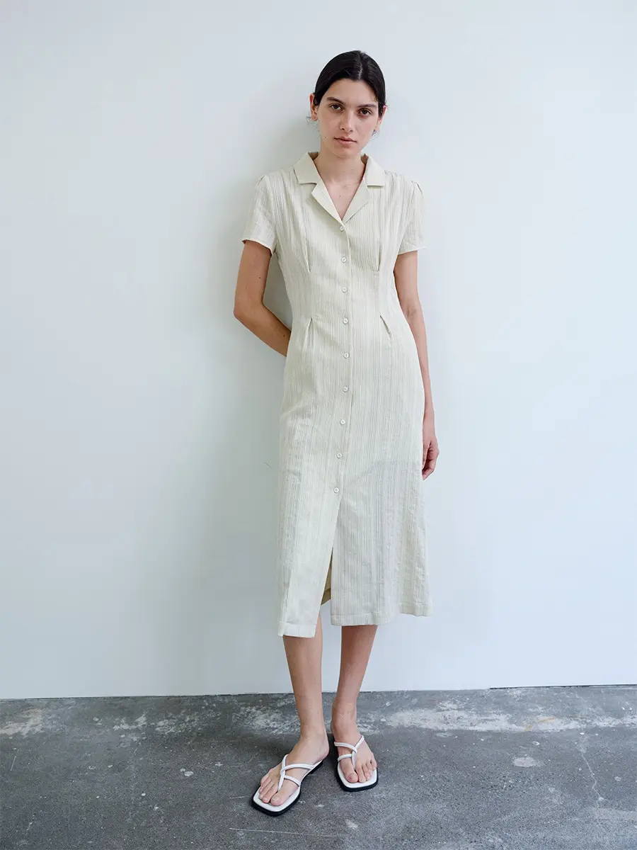 TIR OPEN COLLAR SHIRT DRESS_Y-BEIGE