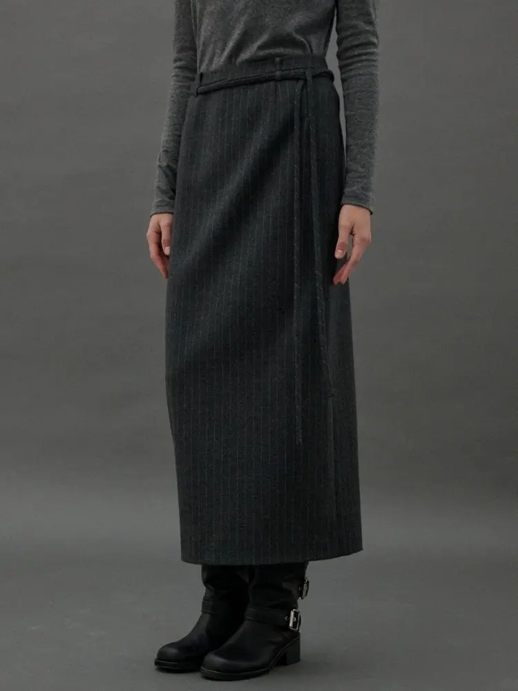 VEIL STRIPE H LINE SKIRT - GRAY