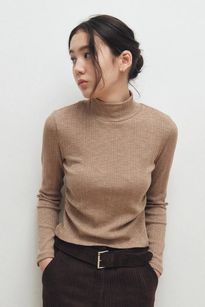 Shirring Ribbed Turtlneck (Brown)
