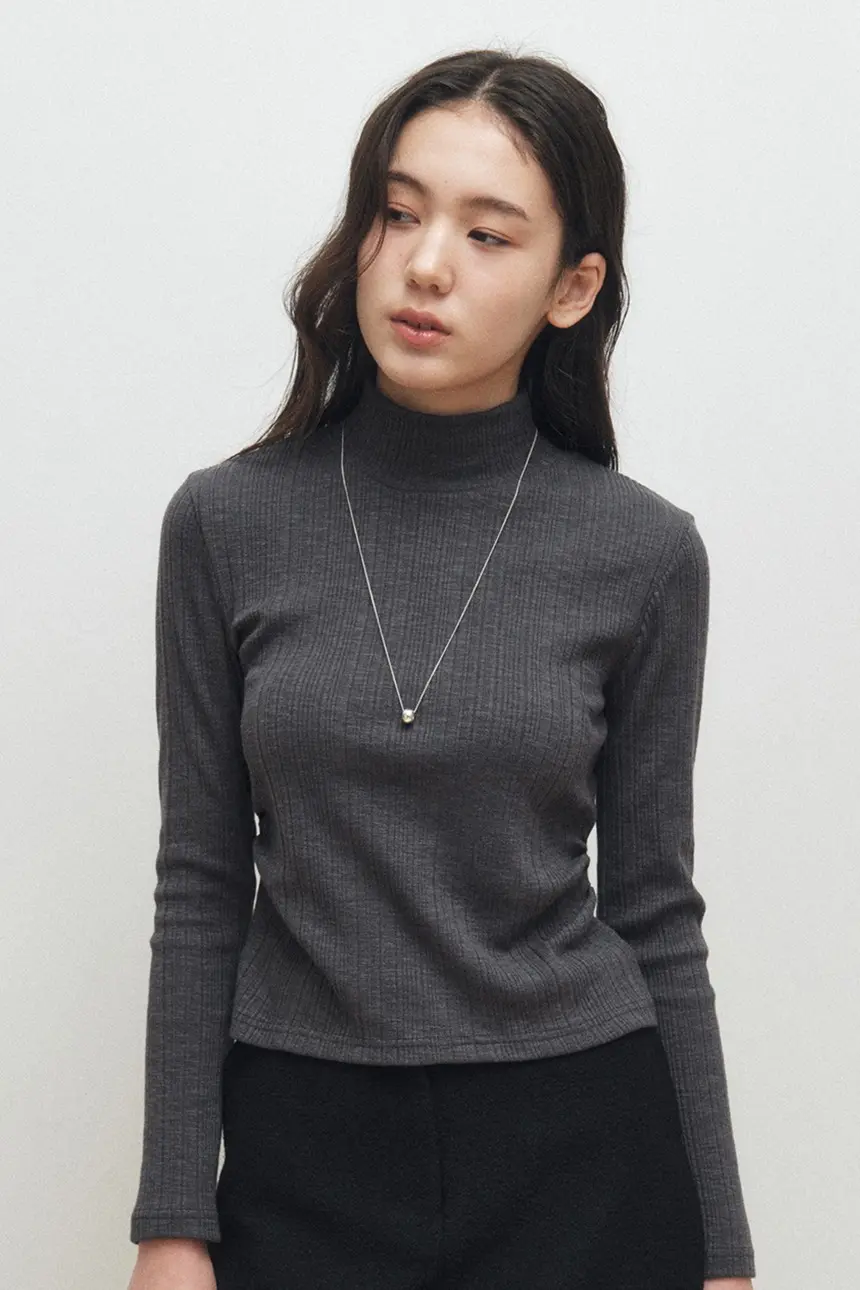Shirring Ribbed Turtlneck (Charcoal)